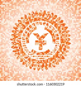 yuan icon inside abstract emblem, orange mosaic background