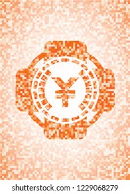yuan icon inside abstract emblem, orange mosaic background