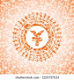 yuan icon inside abstract emblem, orange mosaic background