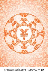 yuan icon inside abstract emblem, orange mosaic background