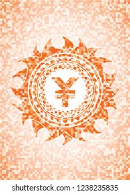 yuan icon inside abstract orange mosaic emblem with background