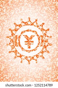 yuan icon inside abstract orange mosaic emblem with background