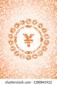 yuan icon inside abstract orange mosaic emblem with background