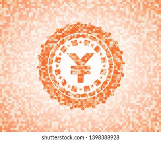 yuan icon inside abstract orange mosaic emblem with background