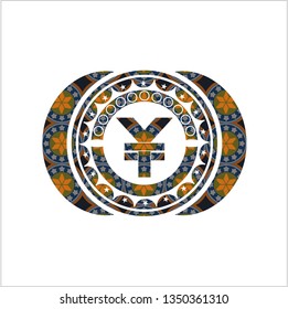 yuan icon inside arabesque emblem background. arabic decoration.