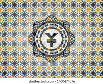 yuan icon inside arabic badge. Arabesque decoration.