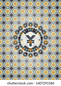 yuan icon inside arabic badge background. Arabesque decoration.
