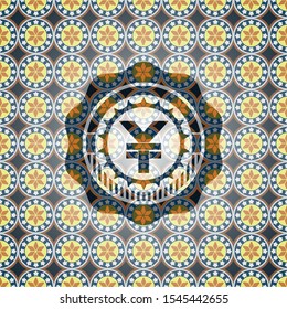 yuan icon inside arabic badge. Arabesque decoration.
