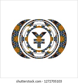 yuan icon inside arabic emblem. Arabesque decoration.