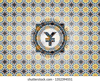 yuan icon inside arabic style badge. Arabesque decoration.