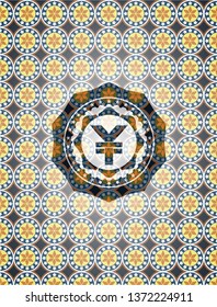 yuan icon inside arabic style emblem. Arabesque decoration.