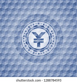 yuan icon inside blue badge with geometric pattern.