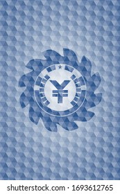 yuan icon inside blue badge with geometric background.