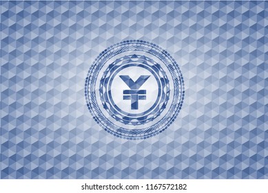 yuan icon inside blue emblem or badge with geometric pattern background.