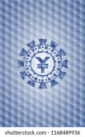 yuan icon inside blue emblem with geometric pattern background.
