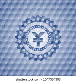 yuan icon inside blue emblem with geometric background.