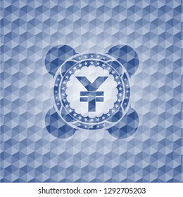yuan icon inside blue hexagon emblem.