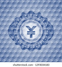 yuan icon inside blue hexagon emblem.