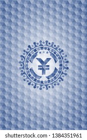 yuan icon inside blue polygonal emblem.