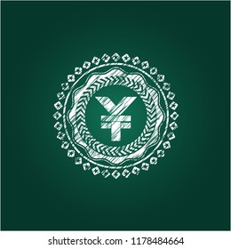 yuan icon inside chalkboard emblem on black board
