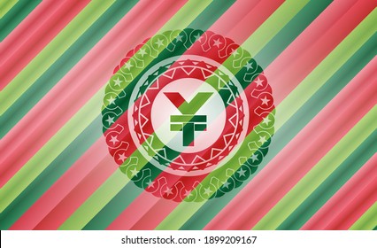 yuan icon inside christmas colors style badge. 