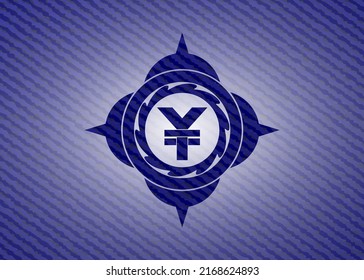 yuan icon inside emblem with jean background. 