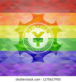 yuan icon inside emblem on mosaic background with the colors of the LGBT flag