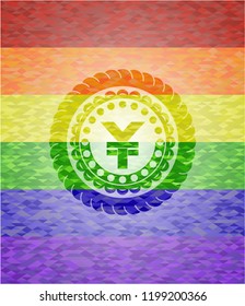 yuan icon inside emblem on mosaic background with the colors of the LGBT flag