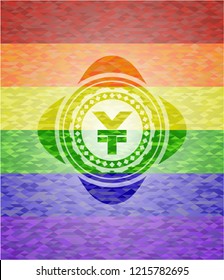 yuan icon inside emblem on mosaic background with the colors of the LGBT flag