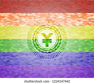 yuan icon inside emblem on mosaic background with the colors of the LGBT flag