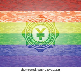 yuan icon inside emblem on mosaic background with the colors of the LGBT flag