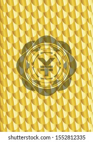 yuan icon inside gold badge or emblem. Scales pattern. Vector Illustration. Detailed.