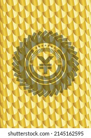 yuan icon inside gold badge. Scales pattern. Vector Illustration. Detailed. 