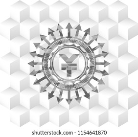 yuan icon inside grey badge with geometric cube white background