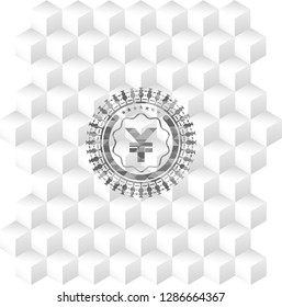 yuan icon inside grey badge with geometric cube white background