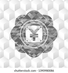 yuan icon inside grey badge with geometric cube white background