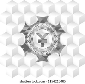 yuan icon inside grey emblem. Vintage with geometric cube white background