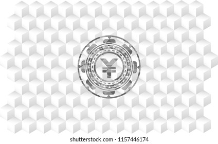 yuan icon inside grey icon or emblem with geometric cube white background