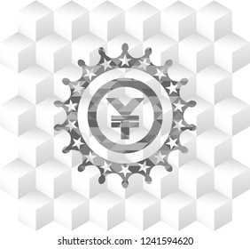 yuan icon inside grey emblem. Vintage with geometric cube white background