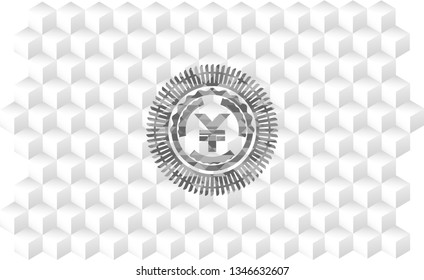 yuan icon inside grey icon or emblem with geometric cube white background