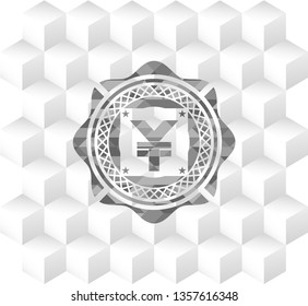 yuan icon inside grey emblem with geometric cube white background