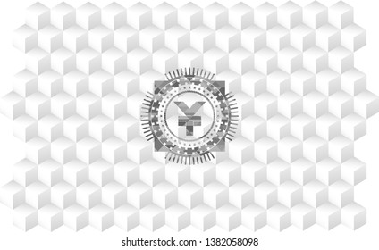 yuan icon inside grey emblem. Retro with geometric cube white background