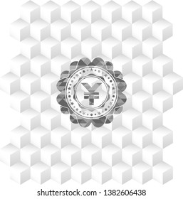 yuan icon inside grey emblem. Vintage with geometric cube white background