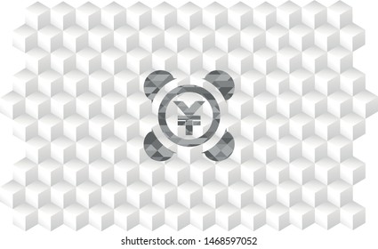 yuan icon inside grey emblem with cube white background