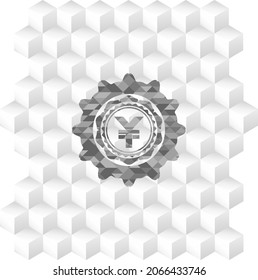 yuan icon inside grey emblem. Retro with geometric cube white background. 