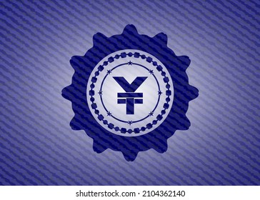 yuan icon inside jean or denim emblem or badge background. 