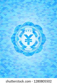 yuan icon inside light blue emblem with mosaic background