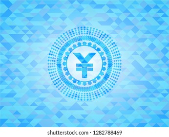 yuan icon inside light blue emblem with mosaic background