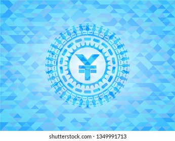 yuan icon inside light blue emblem. Mosaic background