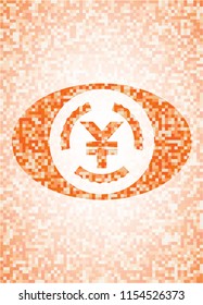 yuan icon inside orange tile background illustration. Square geometric mosaic seamless pattern with emblem inside.